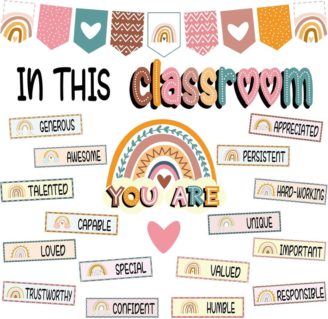 4 x VABAMNA 32pcs Classroom Bulletin Board Decorations Set - Boho Rainbow Motivational Words Cutouts Bulletin Decorations for Teachers School Classroom Bulletin Board