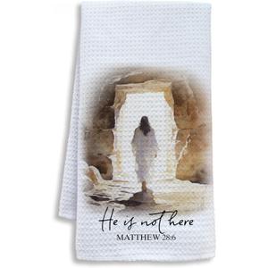 2 x Christian He is Not Here Decorative Hand Tea Towels for Kitchen Bathroom 16x24 Inches, Christian Easter Gifts, Matthew 28:6 Bible Verse Easter Kitchen Dish Towels