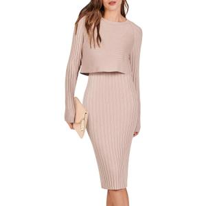 ANRABESS Women's 2 Piece Outfits Sweater Skirt Sets Casual Long Sleeve V Neck Ribbed Knit Tops Midi Dress 2025 Fall Fashion Beige Large