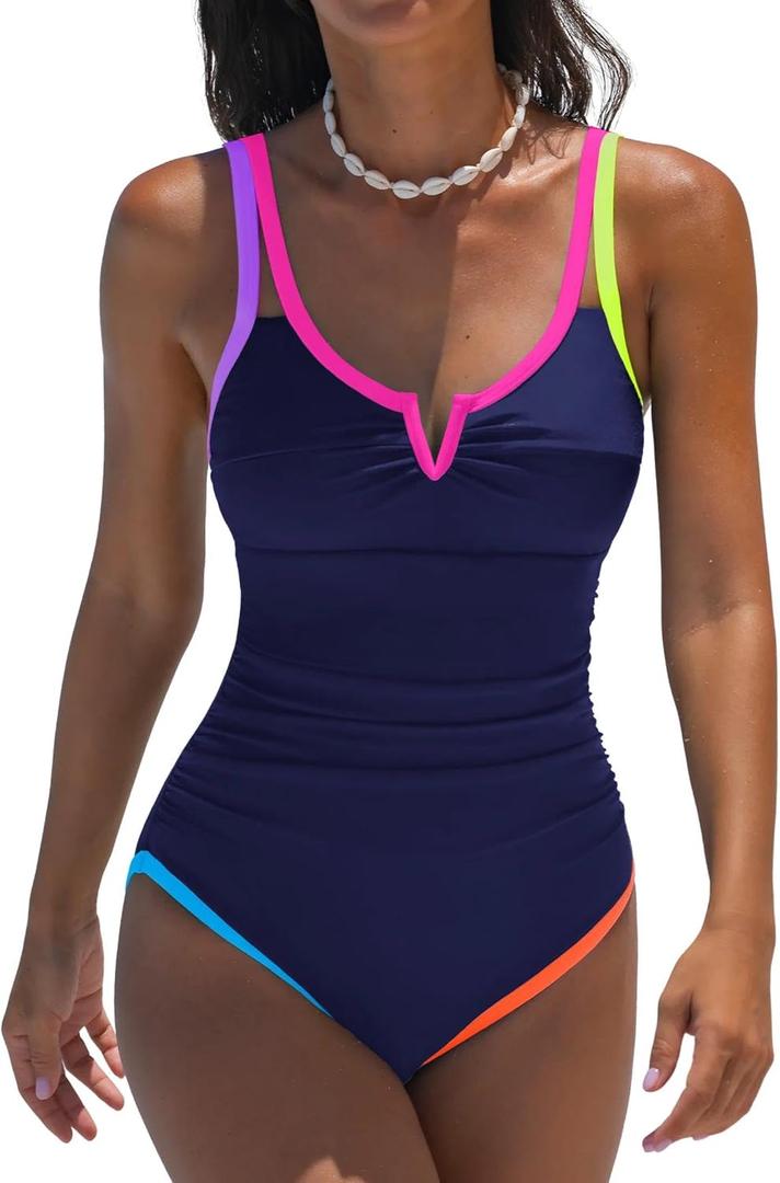 popvil One Piece Swimsuits Women 2026 Tummy Control - Modest Bathing Suit Shapewear Swimwear Retro Neon Swim Suit (Blue, L)