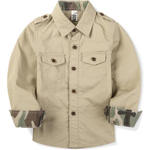 Toddler Little Boys Button Down Long Sleeve Shirt Uniform Army Scout Casual Fall Top with Pocket s Khaki 3T