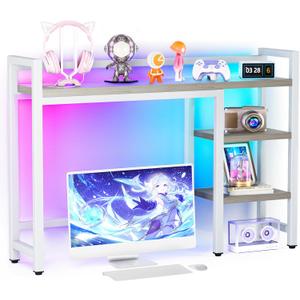 Desk Hutch with Colorful RGB Lights, 4 Tier Desktop Shelf for Max 28" Computer Monitor, Desk Organizer Shelf for Tidy Storage Display, Desktop Bookshelf for Home, Office, Dorm, Gaming Table, Kitchen