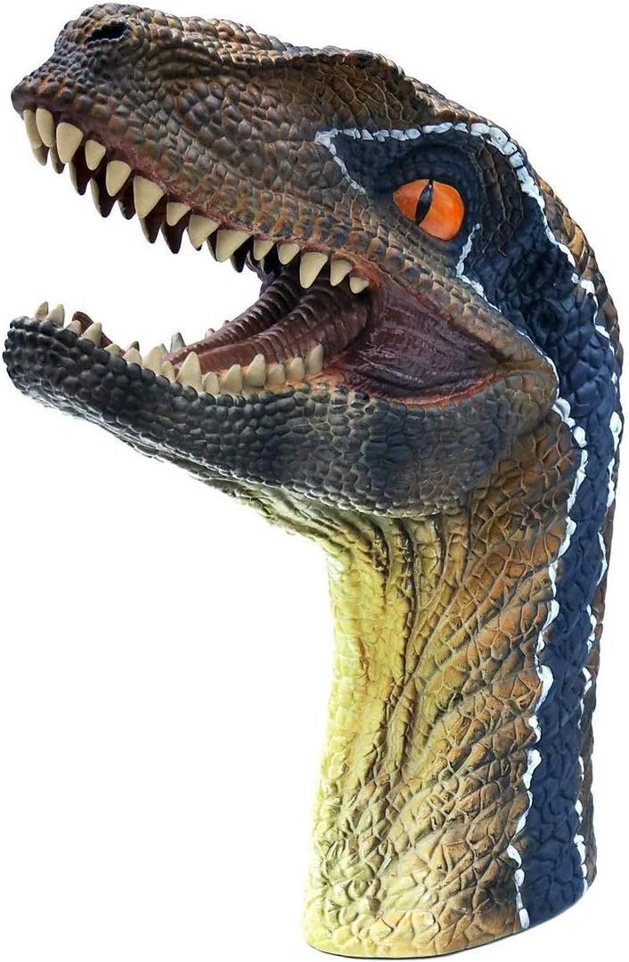Gemini&Genius Velociraptor Dinosaur Hand Puppets Large Soft Rubber Realistic Dinosaur Action Figure Funny & Scared Dino Head Hand Puppets Home, Stage and Class Role Play Toy for Kids (Green)