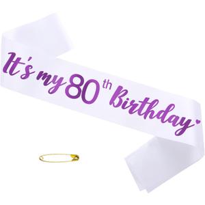 Its My 80th Birthday Sash Foil Birthday Sash for Women 80 Fabulous Funny Party Decorations Supplies White Purple