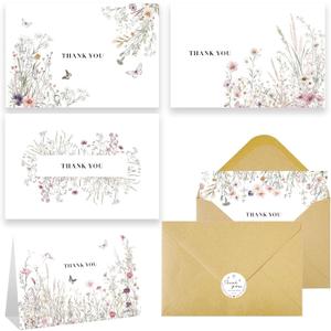 2 x VJQ 24 Floral Thank You Cards with Envelopes, Wildflower Thank You Notes with Envelopes, Assorted Blank Appreciation Cards for Teacher Baby Shower, Bridal Shower, Wedding