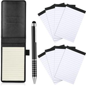 Outus 10 Pcs Mini Pocket Notepad Holder Set Included Small Leather Pocket Notebook Holder with 50 Lined Sheets, Metal Pen, 8 Pcs 3 x 5 Inch Memo Book Refills, 30 Lined Paper Per Note Pad (Black)