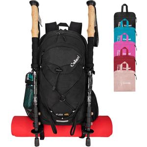 Goloni 45L Hiking Backpack Lightweight Foldable, Waterproof Camping Backpack with Rain Cover & Hiking Pole Mat Carrying System, Ergonomic Water Resistant Daypack for Trekking Travel Men Women,Black