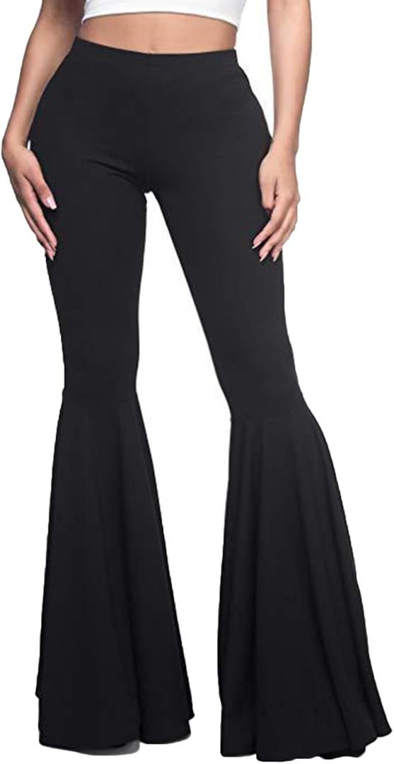 GUOLEZEEV Women Elastic Waisted High Rise Bell Bottoms Wide Leg Palazzo Pants L Black