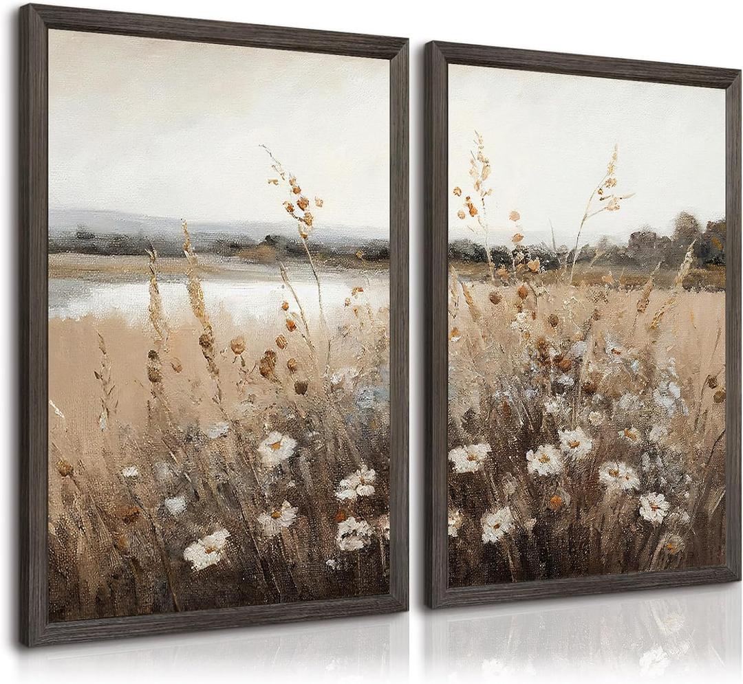 Wildflower Botanical Wall Art Decor Set of 2 Vintage Canvas Wall Decor Landscape Field Wall Art Pictures Farmhouse Prints Landscape Painting Vintage Artwork for Room Bedroom 16x24 Inch Framed