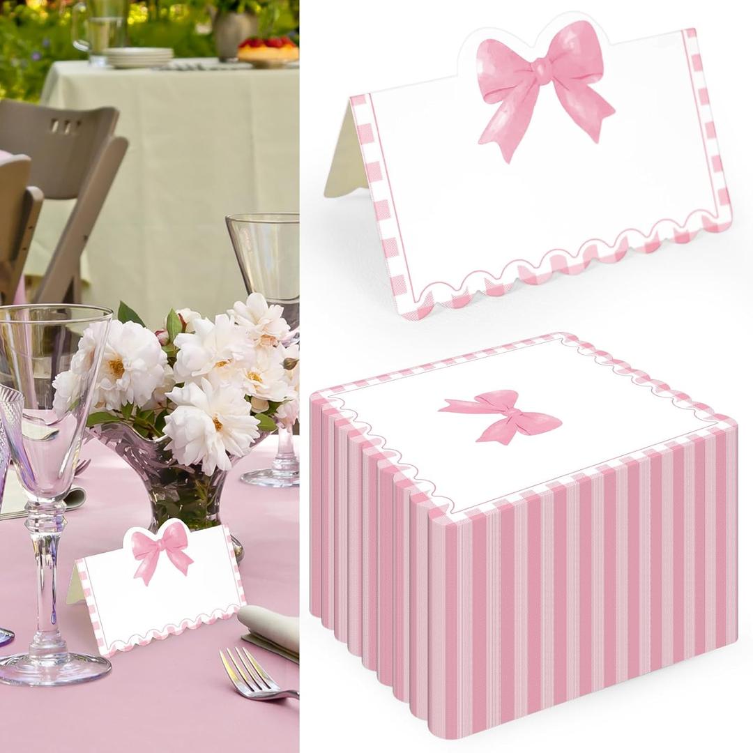 150 Pcs Pink Bow Place Cards Pink Gingham Party Decoration 3.5 x 2" Coquette Tented Name Cards with Scalloped Edge Cute Blank Seating Card for Baby Shower Birthday Wedding Party Table Setting Supplies