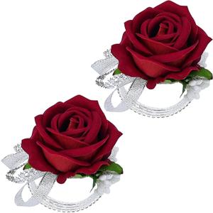 Vkkperp Set of 6 Wrist Corsage Wristlet for Wedding Prom Women Bride Bridesmaid Artificial Rose Flower Decorations Homecoming Anniversary Party (Red)