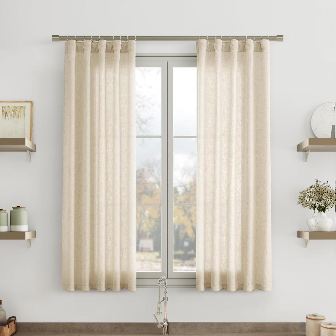 Joywell Beige Linen Curtains 45 Inch Length for Kitchen Linen Textured Hook Belt Pleated Back Tab Light Filter Semi Sheer Short Window Curtains for Bedroom Front Window 2 Panels 38x45 Oatmeal