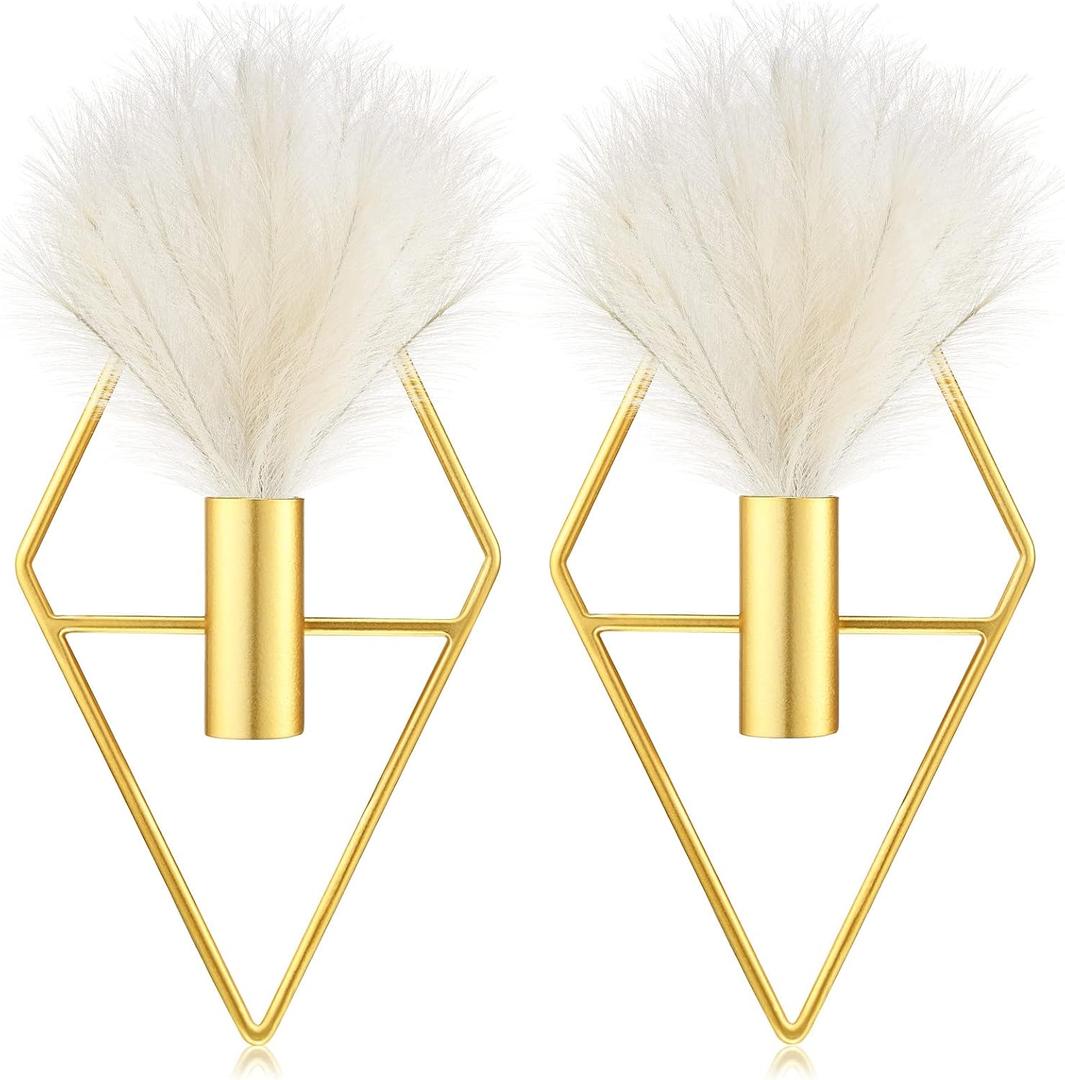 Peryiter 2 Pcs Boho Wall Decor Metal Gold Wall Art Hanging Planters with Artificial Pampas Modern Home Decor Display Art for Living Room Bedroom Bathroom(Rhombus)