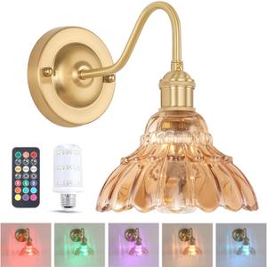 Battery Operated Wall Sconce, Vintage Rechargeable Wall Lights with Amber Lily Glass Shade, Wireless Indoor Wall Lamp with Remote for Bedroom Living Room Bathroom Hallway