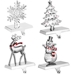 GUOER 4 Pack Snowflake Christmas Stocking Holder Set for Mantle Christmas Decorations Holiday Mantle Fireplace Topper - Snowflake Snowman Reindeer and Christmas Tree Hangers Decorative Metal Hanger