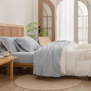 BESTOUCH Sheet Set 100% Washed Cotton Linen Feel Super Soft Comfortable Chic Lightweight 4 Pcs Home Bedding Set Solid Cornflower Blue Full