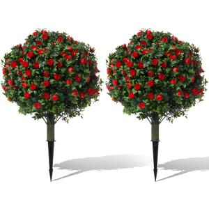 Set of 2 24" Artificial Boxwood Topiary Ball Trees with Red Rose, UV Resistant Fake Evergreen Shrubs Bushes Plants with Ground Spike Fake Plants for Outdoor,Indoor,Front Porch,Garden,Yard