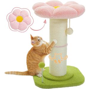 PEQULTI Flower Cat Scratching Post, Small Cat Tree, Scratcher for Indoor Cats with Super Thick Scratching Post [Dia=5.5''], Removable Flower Bed, Cat Scratch Post with Spring Ball, Pink