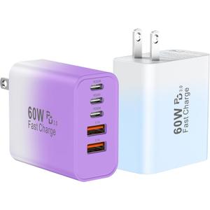 USB C Fast Wall Charger Block, 2Pack 60W USBC Charging Cubes, 5-Port PD+QC Power Adapter Multiport Brick Type C Box Plug for Phone 16/15/14/13/12/11/Pro Max/Plus, Pad Mini/Pro/S25/S24 (Gradient Purple+Blue-60W)