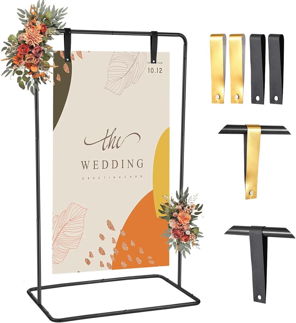 Wedding Welcome Sign Stand, 68x31x 20 Heavy Duty Easel Stand for Sign with 4 Leather Strap, Welcome to Our Wedding Sign Holder, Metal Floor Standing Easels for Valentines Day, Signs, Poster, Black