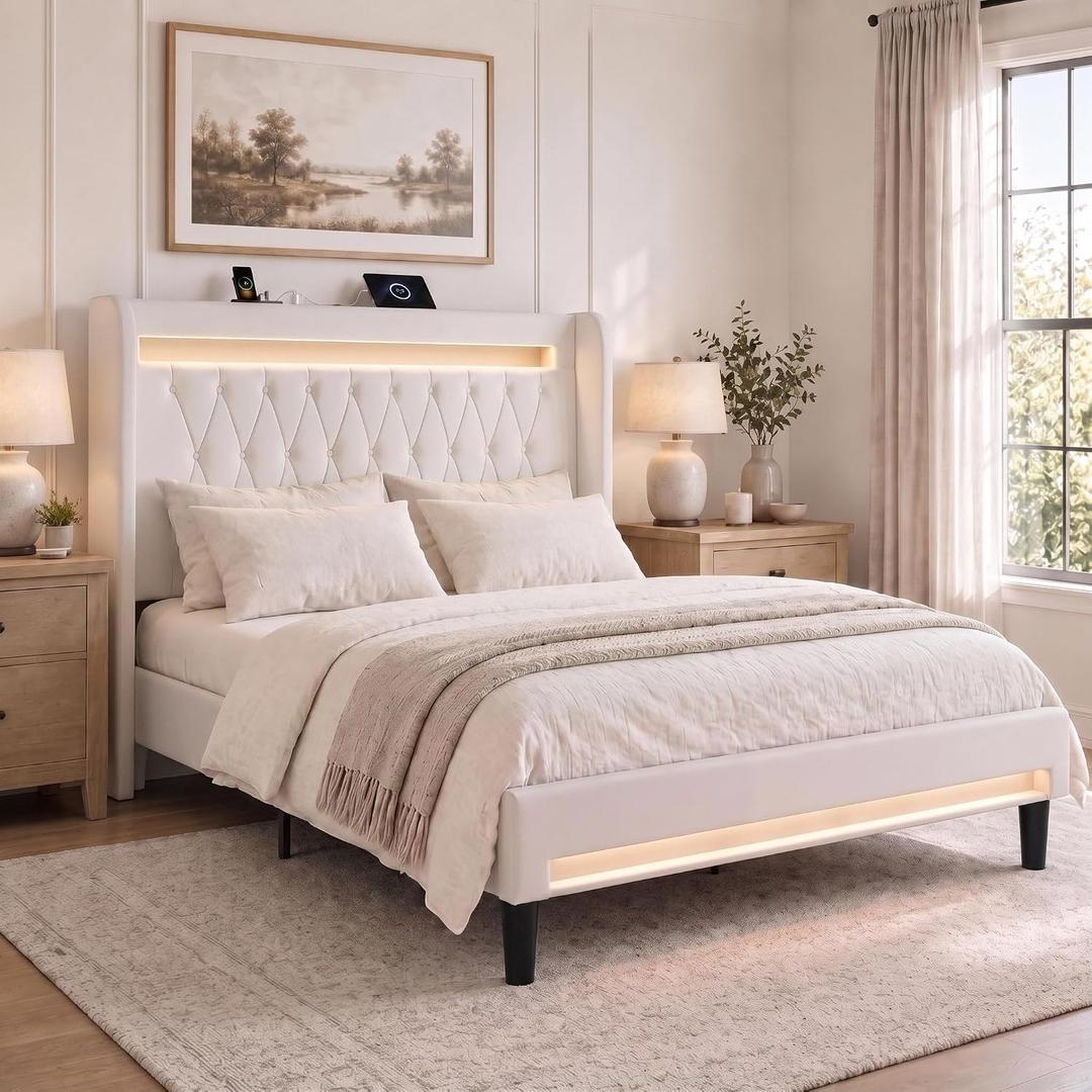 Aelawe Queen Bed Frames with LED Lights and Charging Station, Platform Bed with Metal Slats, Wood Headboard with 2 Fabric Drawers and Storage Shelves, No Box Spring Needed