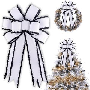 Christmas Wreath Bow Large White Halloween Tree Topper Bow, Burlap with Black Polyester Edge Gift Bow for Christmas Wedding Party Holiday Home Indoor Outdoor Decoration