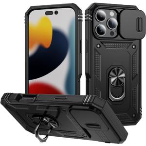 for Apple iPhone 16 Pro Max Case Military Grade Drop Shock Protection Cell Phone Cover with Slide Camera Cover Built-in 360° Rotate Ring Stand for iPhone 16 Pro Max 6.9 - Black