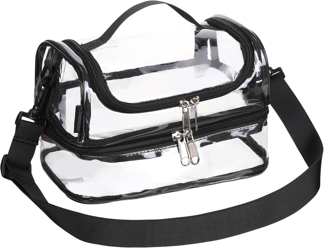 Transparent Plastic Double Clear Lunch Box top handle with adjustable-strap Tote bag for Work School Stadium Concert see through, Black