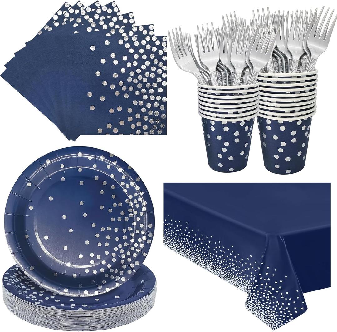 Serve 25 Guests Navy Blue Plates and Napkins Party Supplies,Blue and Silver Birthday Plates Napkins Cups Tablecloth Disposable