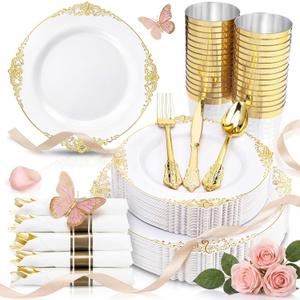 Nervure 350PCS Gold Plastic Plates - Gold Plastic Dinnerware Sets for 50 Guests - 100 Disposable Plates, 150 Silverware, 50 Cups, 50 Napkins for Wedding & Party & Mothers Day