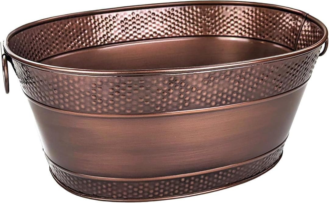 BREKX Galvanized Beverage Tub for Parties, Oval Drink Bucket with Handles, Colt Copper Finish Wine Chiller Drink Cooler for Home Bar (15-Quarts, 16-Bottles)