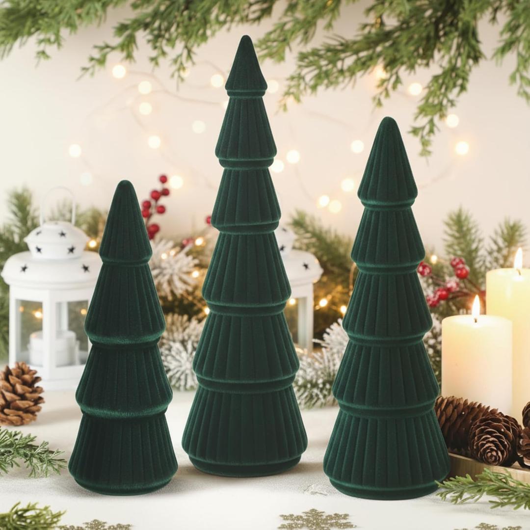 Bucherry 3 PCS Velvet Christmas Tree Figurines Decoration - 8" 10" 14" Modern Cone Christmas Tabletop Home Rustic Centerpiece Set for Winter Holiday Mantel Entryway Party Decor(Green)