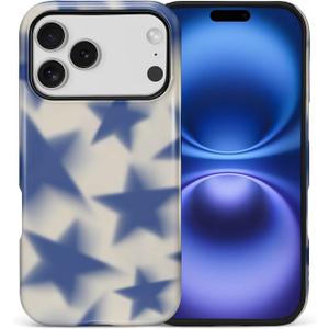 For iPhone 17 Pro Case, Retro Blue Stars Hybrid 2 Layer Hard Shell Silicone Protective Pattern Design Case