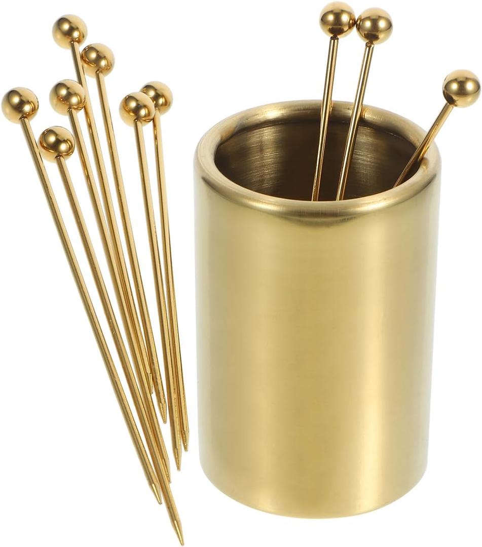 Amosfun 10pcs Stainless Steel Cocktail Picks Stick with Holder, Fruit Picks Skewers Dessert Picks Cocktail Stirrer Gold