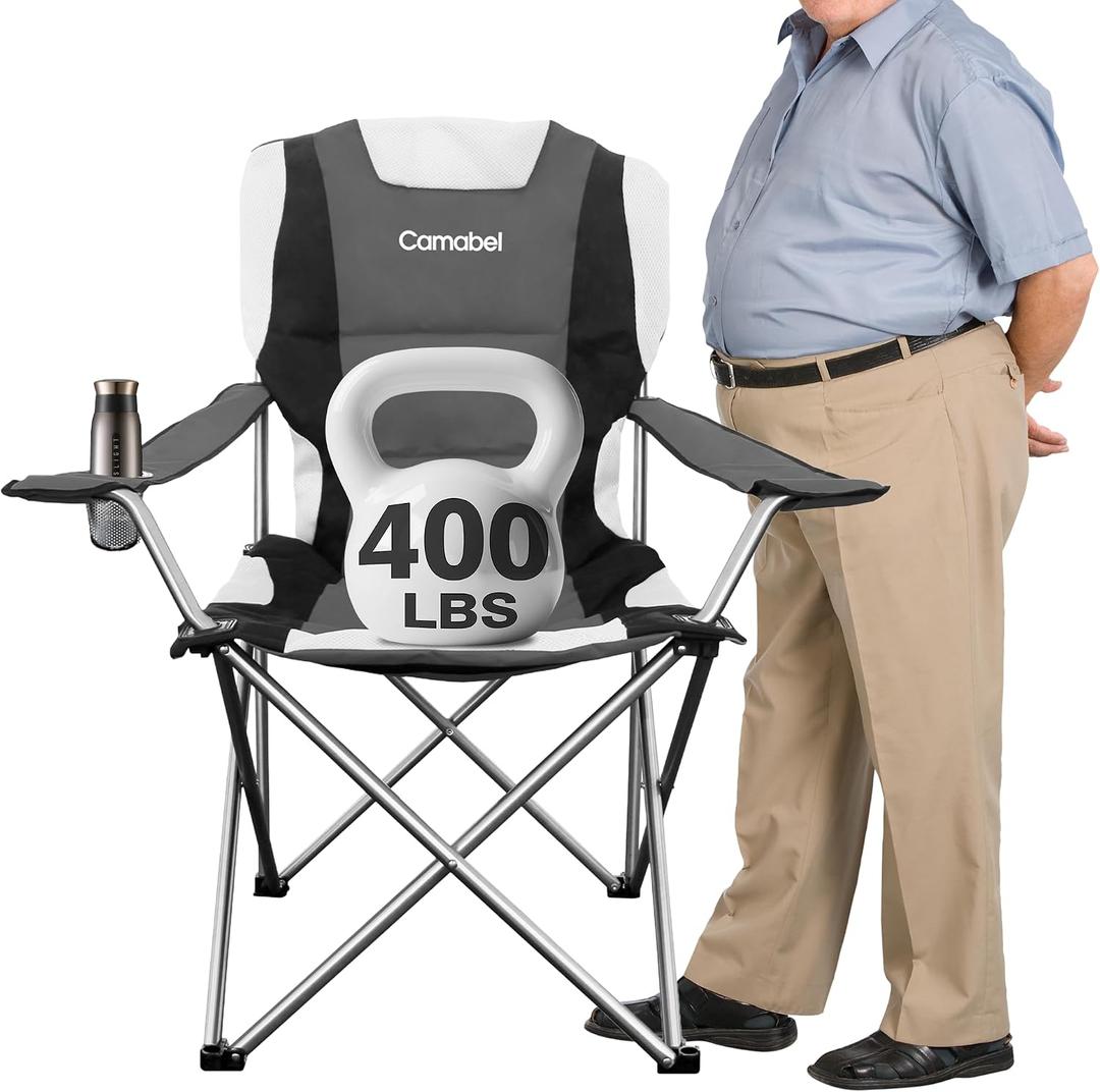 Camabel Folding Camping Chairs Oversized Heavy Duty 400 LBS Sturdy Beach Chair Portable Outdoor Lawn Chairs High Padded Back with Cup Holder Carry Bag for Sporting Hiking Picnics Fishing Concerts Grey