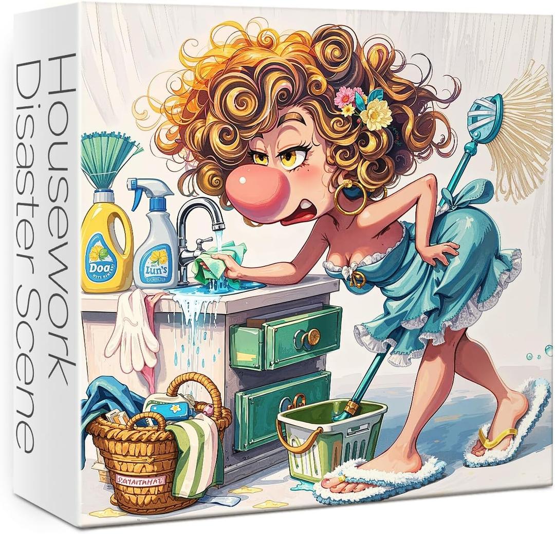 Funny Woman Theme Puzzles for Adults 1000 Pieces. Housework Disaster Scene Jigsaw Puzzles. Challenging Cartoon Art Puzzles