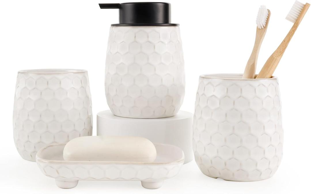 Bathroom Accessory Set 4PCS, Ceramic Bathroom Accessories Set, Bathroom Accessories Sets Complete, White Honeycomb Design, Home Apartment Modern Bath Decor Vanity Countertop, ANTIS'S HOME (Liquid)
