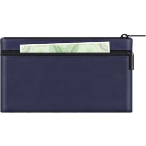 HAUTOCO Money Bag with Zipper 11x6.1 inch Money Pouch with Lined PU Leather Bank Bag Two Pockets Utility Wallet for Cash Check Receipt Coins Cosmetics, Dark Blue
