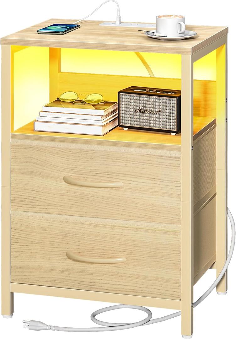 Yoobure Nightstand with Charging Station, LED Night Stand with Fabric Drawers and Storage Shelf for Bedroom, Nightstands Bedside Tables with USB Ports & Outlets, Small Night Stands, Bed Side Table (Natural)