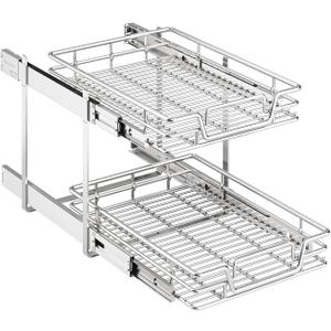 2-Tier Kitchen Cabinet Pull Out Shelf and Drawer Organizer Slide Out Pantry Storaqe Basket in Multiple Sizes (15" W x 21" D)