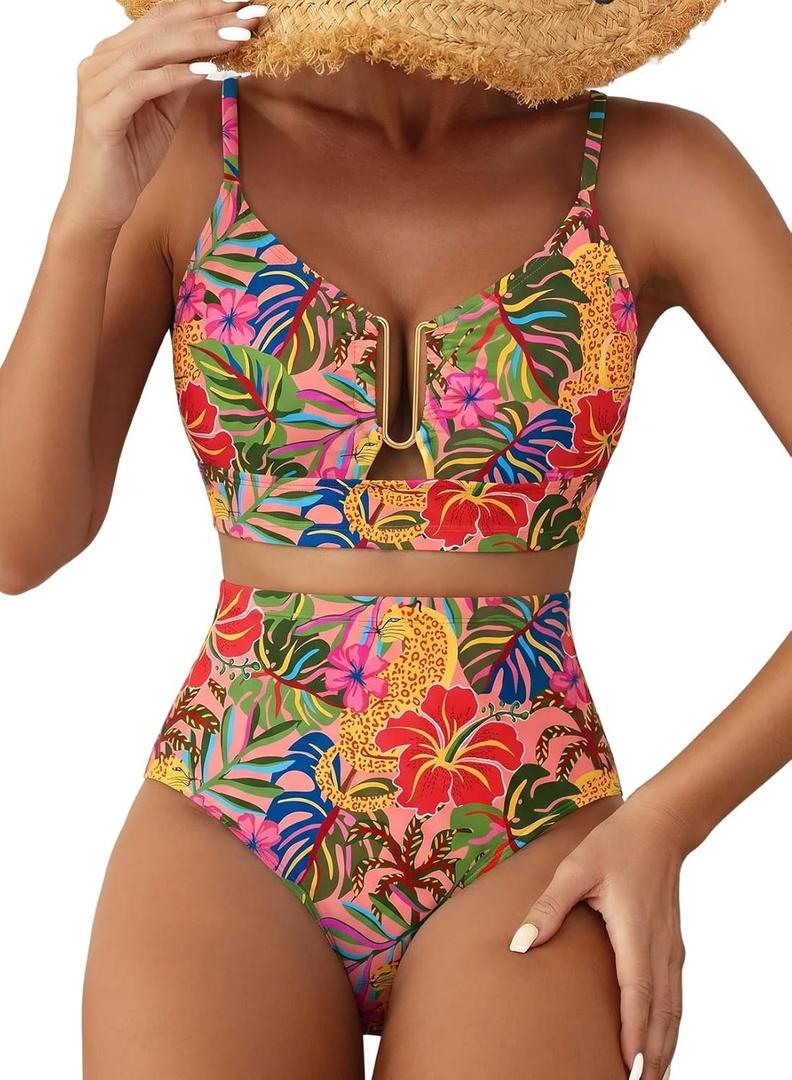 Herseas Womens 2 Piece High Waisted U Wire Bikini Set Floral Print Swimsuit Crisscross Back Bathing Suit Beach Swimwear (Tropical Animal Print), M