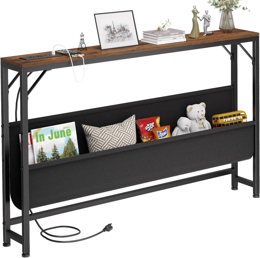 47.2'' Skinny Console Table with Charging Station and Storage, Narrow Sofa Table with Power Outlets and USB Ports, Behind Couch Table, for Living Room, Foyer, Entryway, Hallway, Rustic Brown (47.2"Lx5.91"Wx30.1"H)