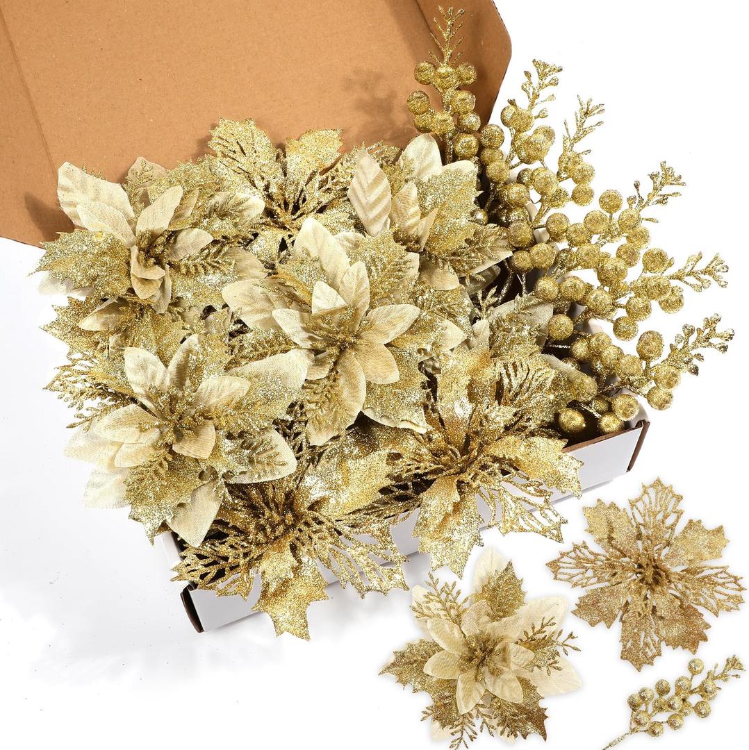 22 Pcs Gold Poinsettia Artificial Flowers and Glitter Berries Stems Kit, Christmas Poinsettias Decorations and Tree Ornaments for Xmas Home Wedding Holiday Decor