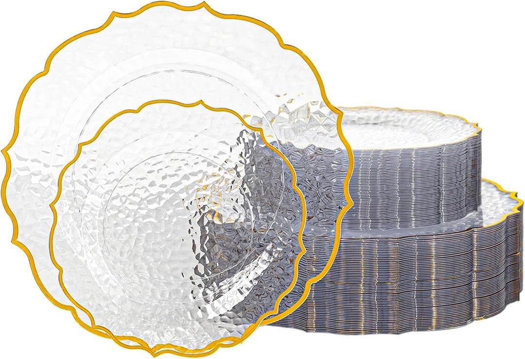 100 PCS Clear Stone Texture Plastic Plates with Gold Rim, Heavy-duty Clear Disposable Plates, Include 10" Dinner Plate and 7" Salad Plate for Party and Wedding