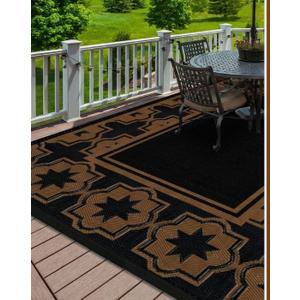 Haoyunll Outdoor Rug Geometric Black Brown 9x12 Waterproof | Extra Large Reversible Plastic Straw Outdoor Patio Rug 0.13" Thick for Backyard, Patio