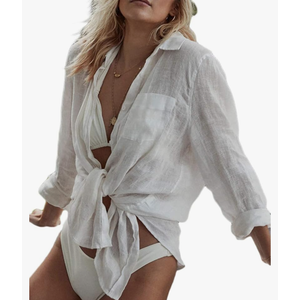 Bsubseach Women Long Sleeve Beach Shirt Blouses Bathing Suit Cover Up Button Down Collar