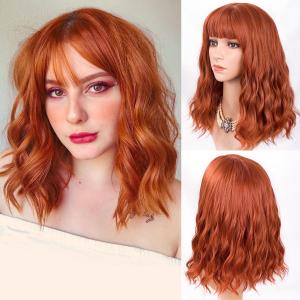 Orange Red Wigs for Women Short Wavy Bob Wig with Bangs Curly Ginger Wig Shoulder Length Copper Red Hair 14 Inch Colored Synthetic Wig for Cosplay Daily Party Halloween Use (Natural Auburn)