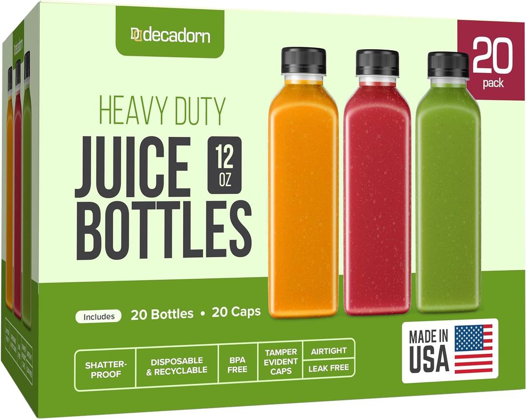 12oz 20pcs Juice Bottles With Caps - MADE IN USA Juice Containers With Lids For Fridge - Juicer Bottles With Tamper Evident Caps, Shatterproof, BPA-Free, Leak proof, Disposable & Recyclable