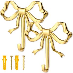 2 Pcs Large Size Gold Bow Hooks for Wall, 4.74 x 3.54 Inch Bow Knot Brass Coat Hooks Wall Door Decor Holder Hat Towel Hook for Living Room Bathroom Bedroom Kitchen Decorations