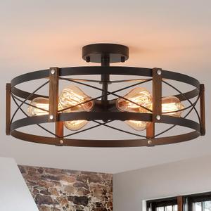 6-Light Large Rustic Farmhouse Wood Flush Mount Ceiling Light Fixture 20 inch Oak Wood and Metal Round Semi Flush Mount Ceiling Light for Hallway Entry Dining Farmhouse Bedroom Living Room, Black, Large 6 lights 1 pack